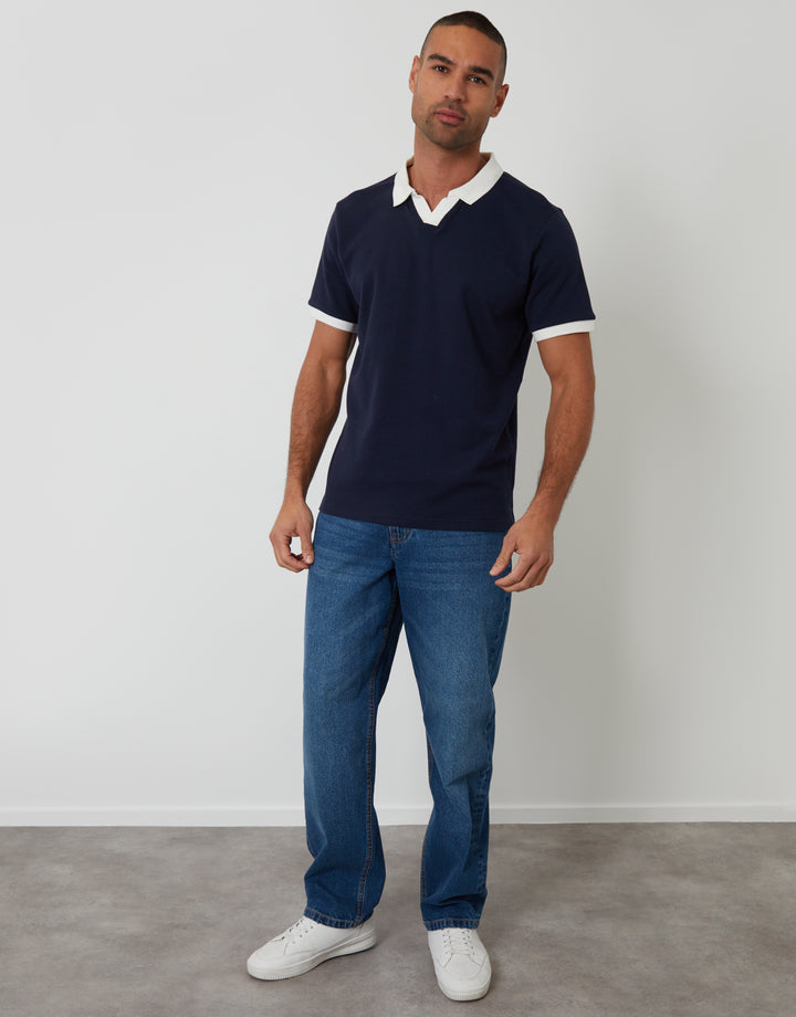 Navy Trophy Neck Waffle Polo Shirt