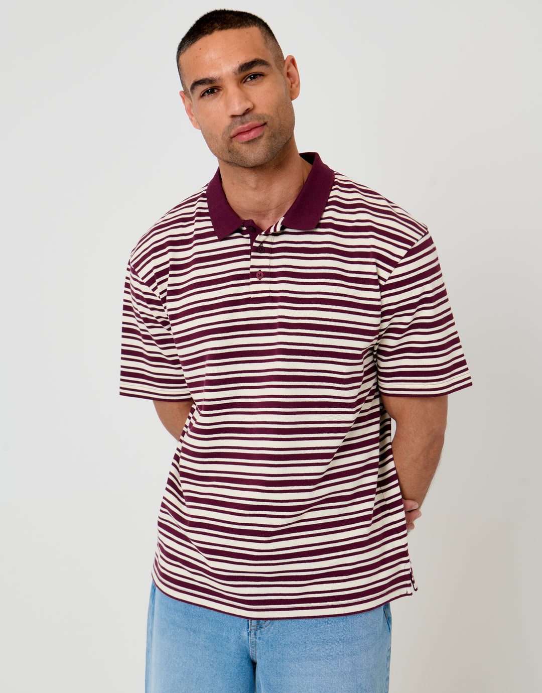 Threadbare Relaxed Fit Stripe Polo Shirt in Burgundy - front view
