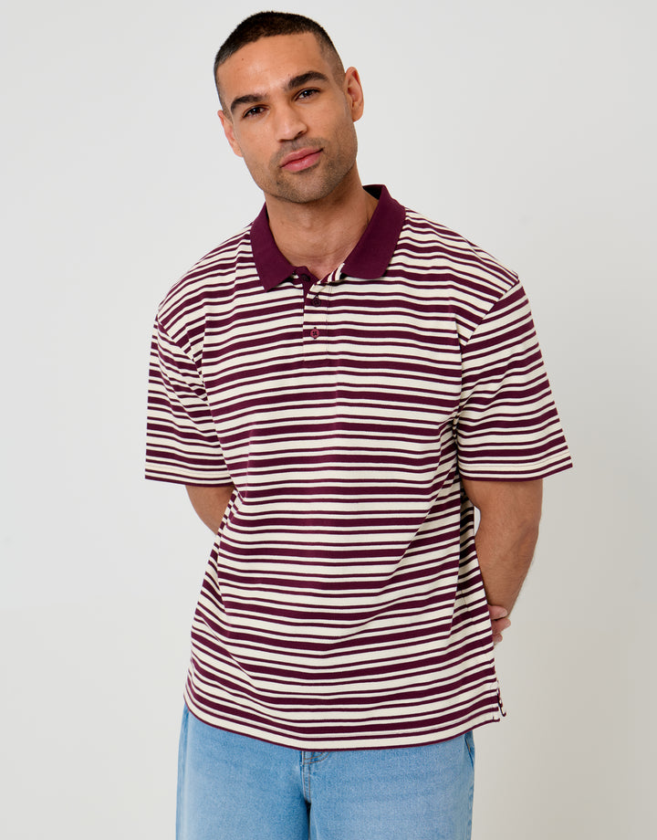 Threadbare Relaxed Fit Stripe Polo Shirt in Burgundy - front view