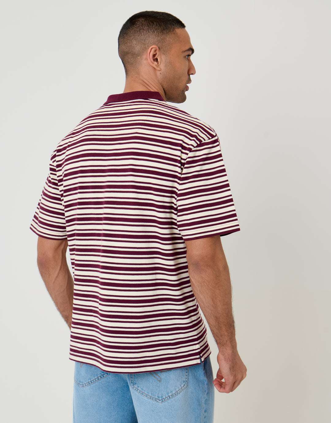 Threadbare Relaxed Fit Stripe Polo Shirt in Burgundy - back view