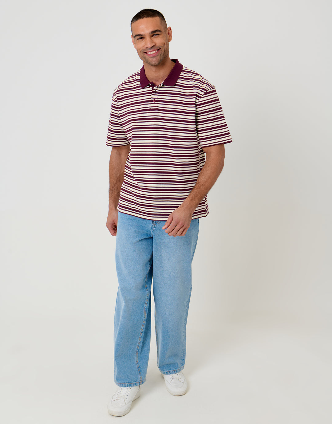 Threadbare Relaxed Fit Stripe Polo Shirt in Burgundy - full body