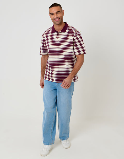 Threadbare Relaxed Fit Stripe Polo Shirt in Burgundy - full body
