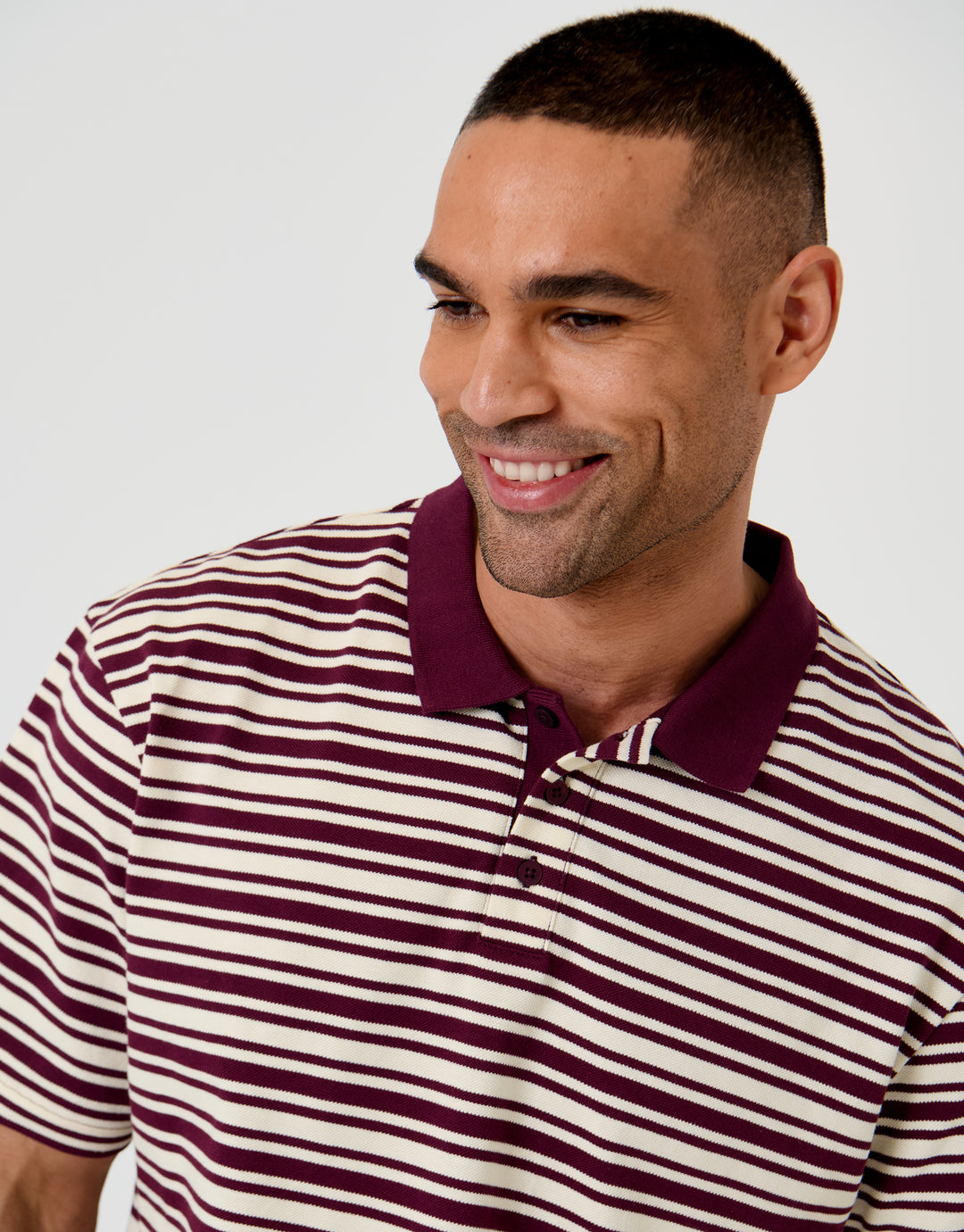 Threadbare Relaxed Fit Stripe Polo Shirt in Burgundy - front close up