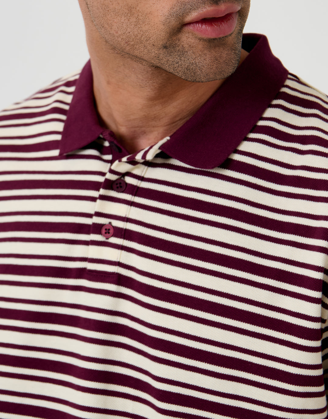 Threadbare Relaxed Fit Stripe Polo Shirt in Burgundy - collar close up