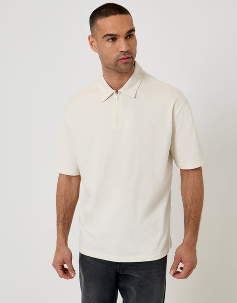 Threadbare Oversized Quarter Zip Polo Shirt in Ecru - front view
