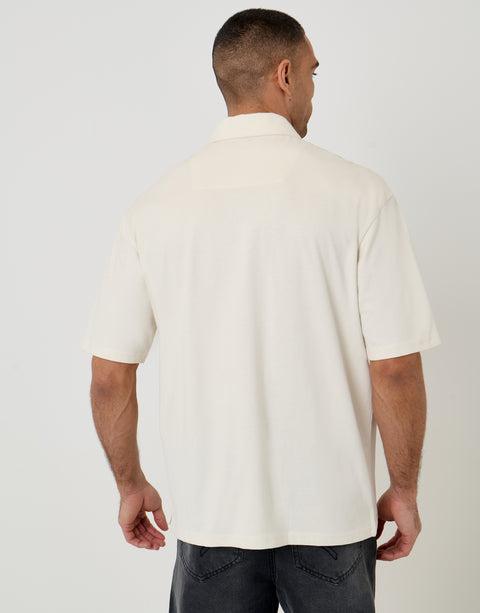 Threadbare Oversized Quarter Zip Polo Shirt in Ecru - back view