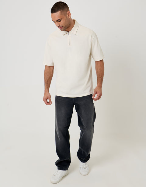Threadbare Oversized Quarter Zip Polo Shirt in Ecru - full body
