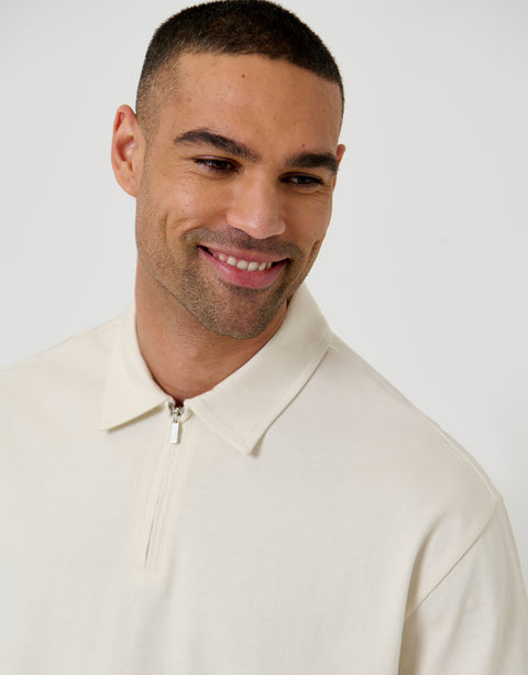 Threadbare Oversized Quarter Zip Polo Shirt in Ecru - close up