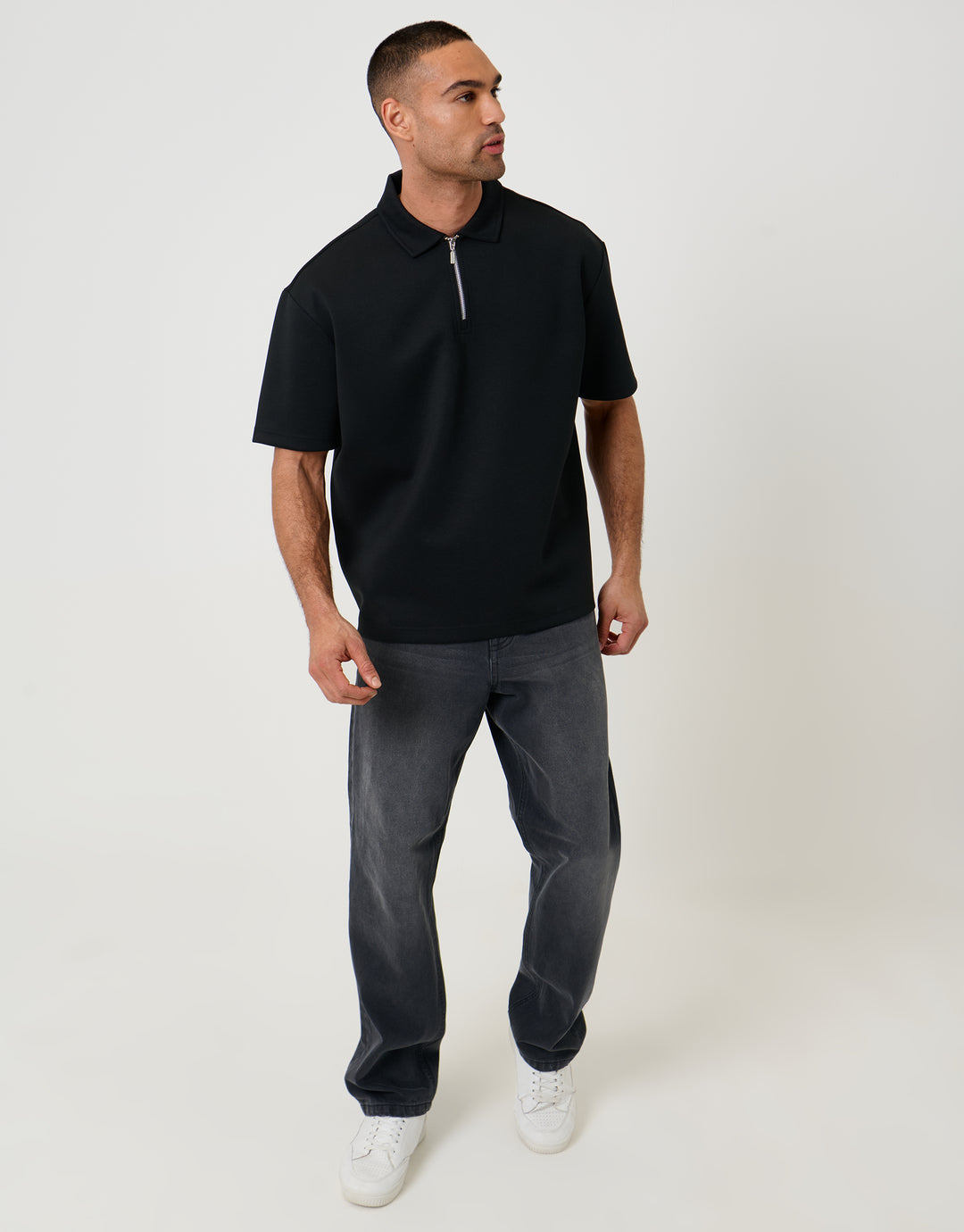 Threadbare Oversized Quarter Zip Polo Shirt in Black - full body