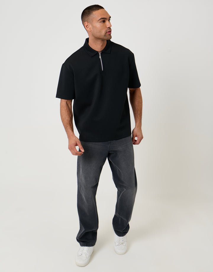 Threadbare Oversized Quarter Zip Polo Shirt in Black - full body