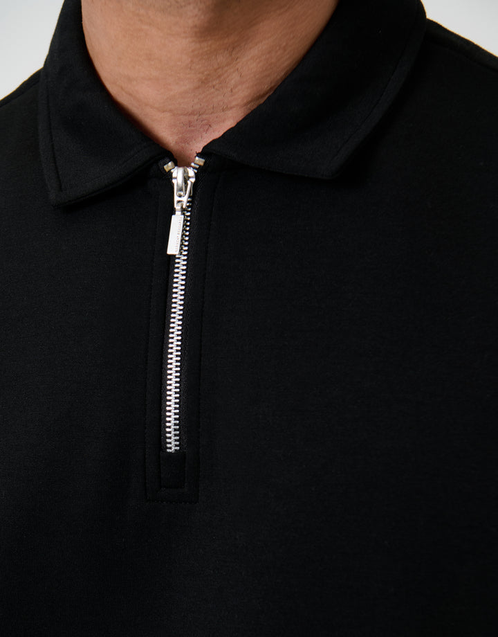 Threadbare Oversized Quarter Zip Polo Shirt in Black - zip close up
