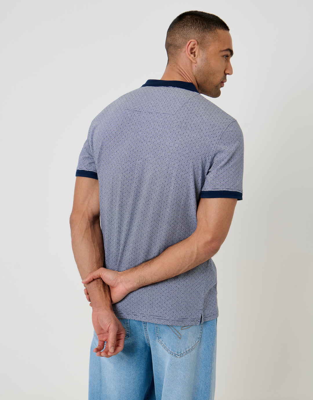Threadbare Jacquard Trophy Neck Polo Shirt in Navy - back view