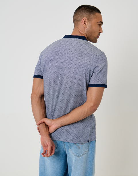 Threadbare Jacquard Trophy Neck Polo Shirt in Navy - back view