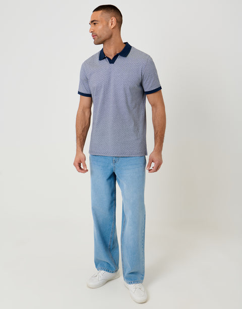 Threadbare Jacquard Trophy Neck Polo Shirt in Navy - full body