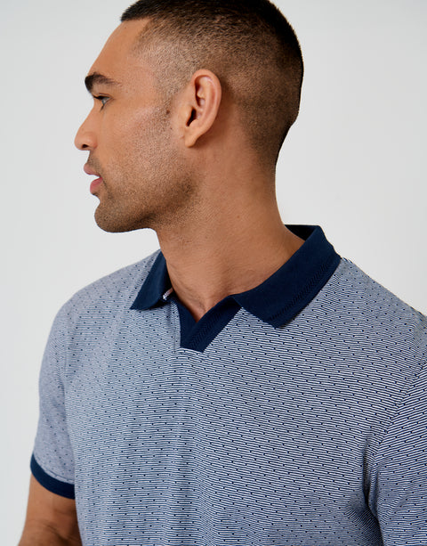 Threadbare Jacquard Trophy Neck Polo Shirt in Navy - collar close up