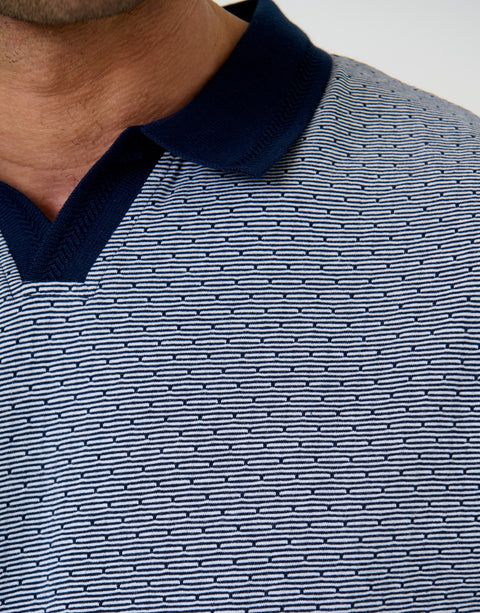 Threadbare Jacquard Trophy Neck Polo Shirt in Navy - fabric close up