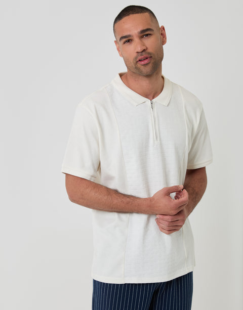 Threadbare Textured Front Quarter Zip Polo Shirt in Ecru - front view