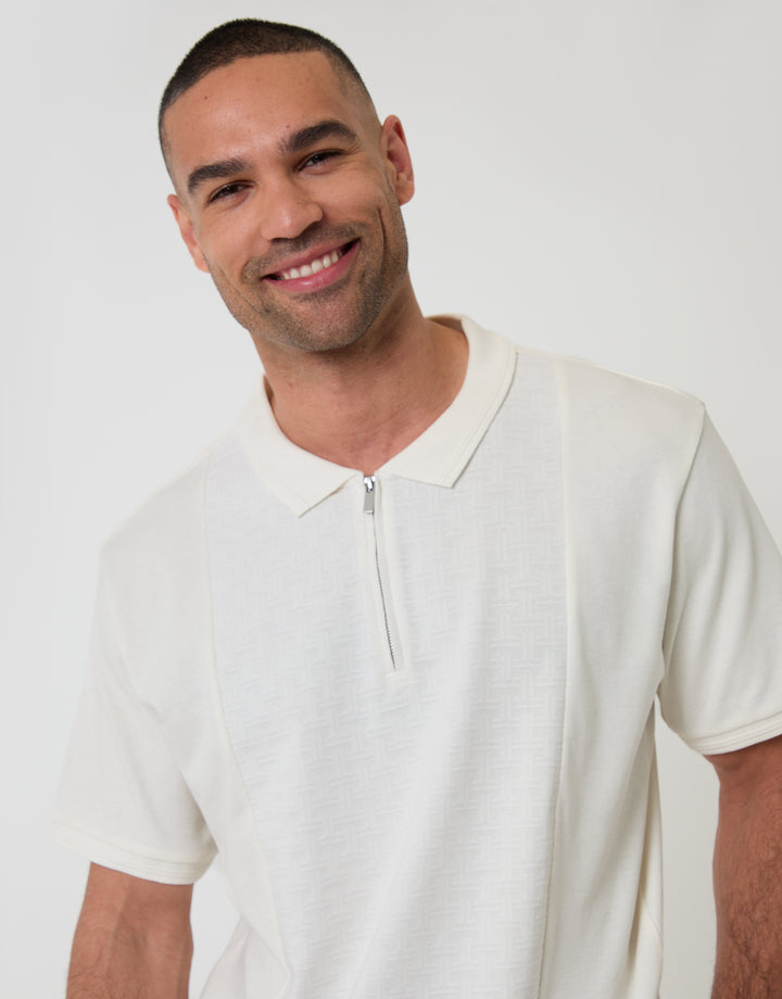 Threadbare Textured Front Quarter Zip Polo Shirt in Ecru - chest detail view