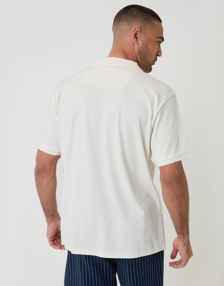 Threadbare Textured Front Quarter Zip Polo Shirt in Ecru - back view