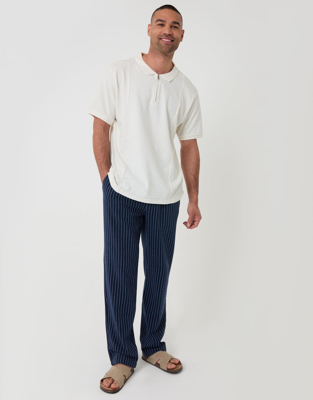 Threadbare Textured Front Quarter Zip Polo Shirt in Ecru - full outfit view
