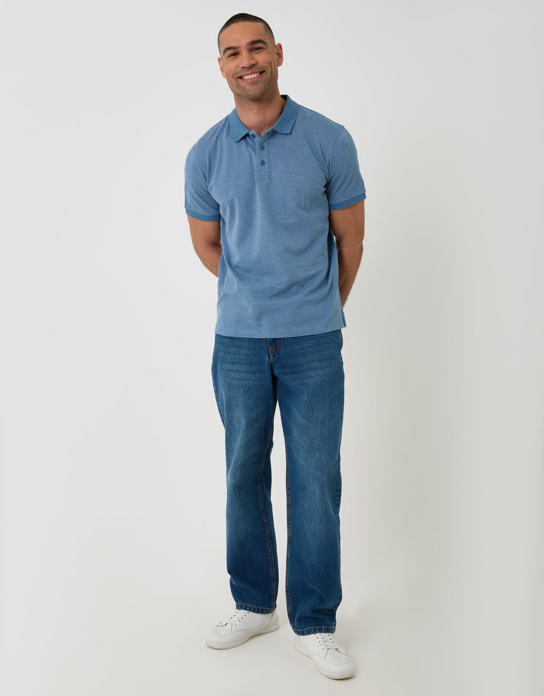 Threadbare Textured Cotton Polo Shirt in Denim Blue - full body