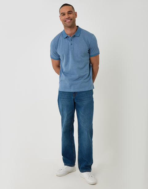 Threadbare Textured Cotton Polo Shirt in Denim Blue - full body
