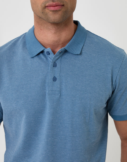 Threadbare Textured Cotton Polo Shirt in Denim Blue - close up