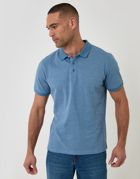 Threadbare Textured Cotton Polo Shirt in Denim Blue - front view