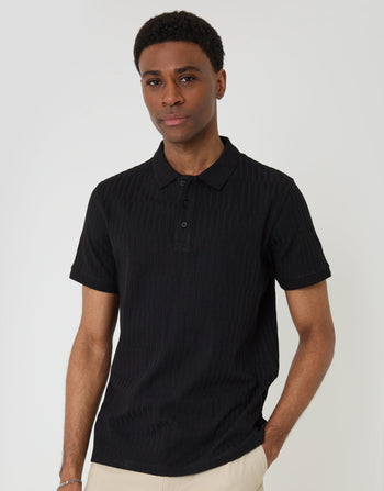 Threadbare Textured Cotton Polo Shirt in Black - front view
