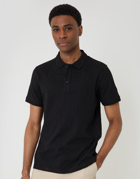 Threadbare Textured Cotton Polo Shirt in Black - front view