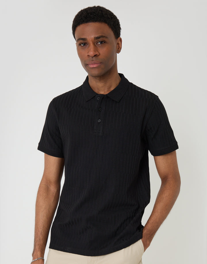Threadbare Textured Cotton Polo Shirt in Black - front view