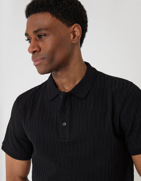 Threadbare Textured Cotton Polo Shirt in Black - close up