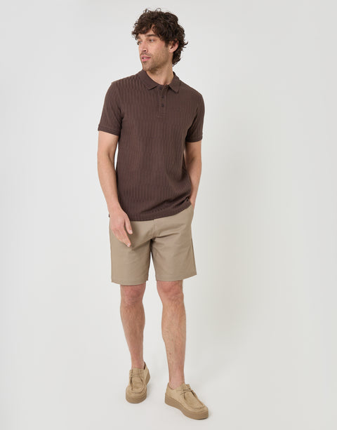 Threadbare Textured Cotton Polo Shirt in Brown - full body