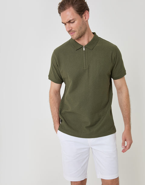 Threadbare Textured Cotton Zip Up Polo Shirt in Khaki Green - front view
