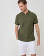 Threadbare Textured Cotton Zip Up Polo Shirt in Khaki Green - front view