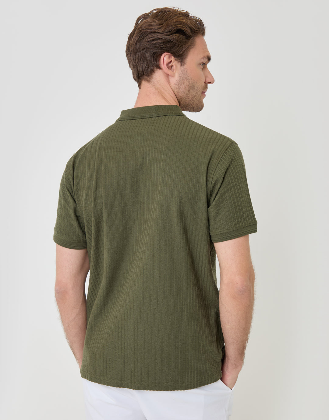 Threadbare Textured Cotton Zip Up Polo Shirt in Khaki Green - back view
