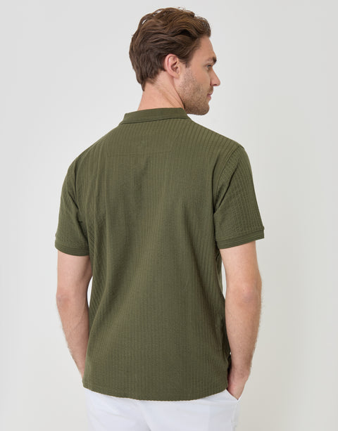 Threadbare Textured Cotton Zip Up Polo Shirt in Khaki Green - back view