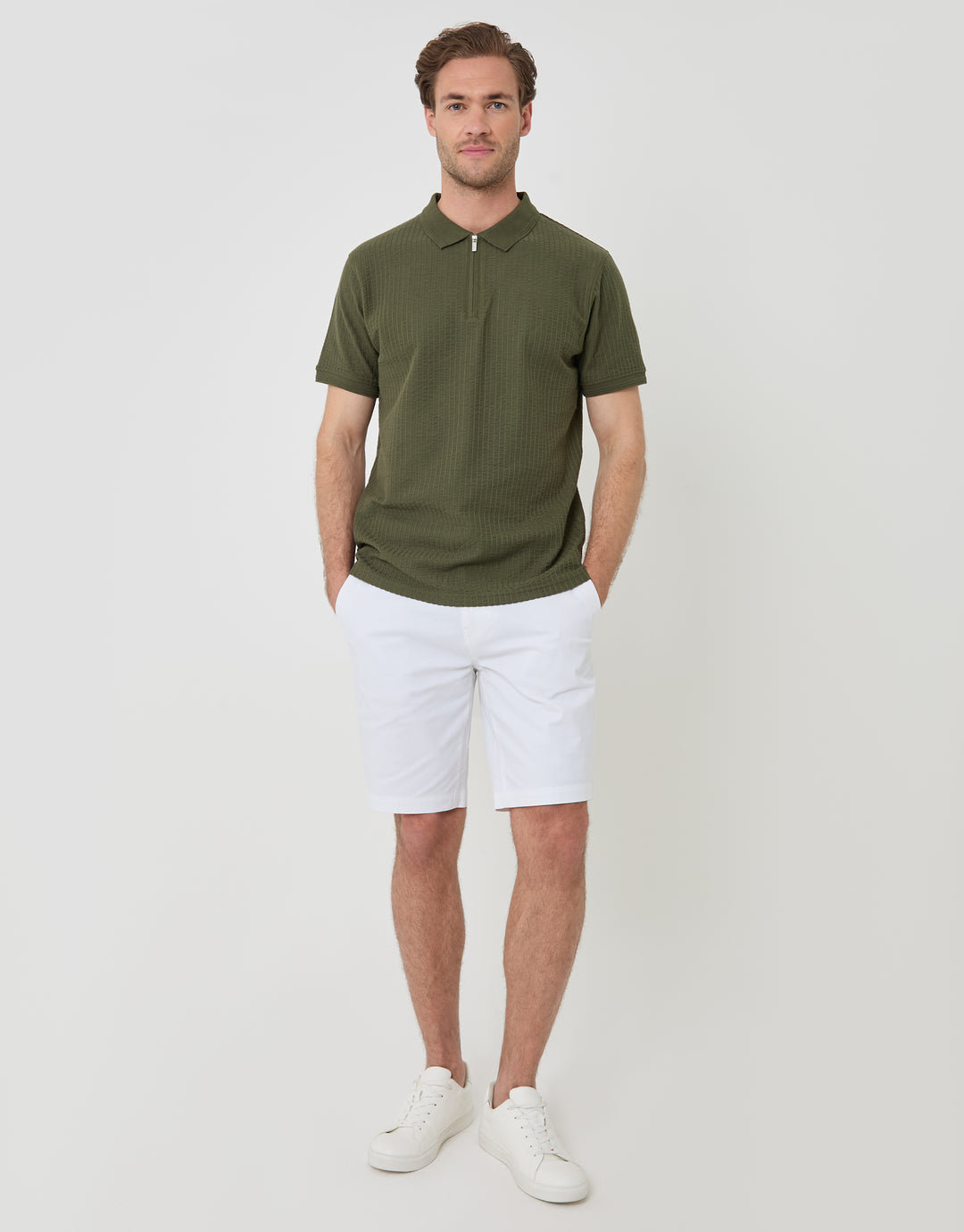 Threadbare Textured Cotton Zip Up Polo Shirt in Khaki Green - full body