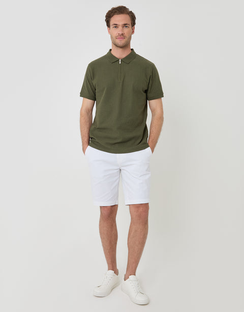 Threadbare Textured Cotton Zip Up Polo Shirt in Khaki Green - full body