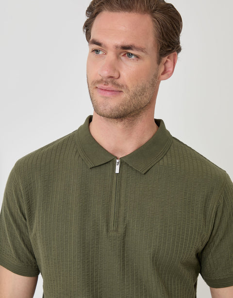 Threadbare Textured Cotton Zip Up Polo Shirt in Khaki Green - close up