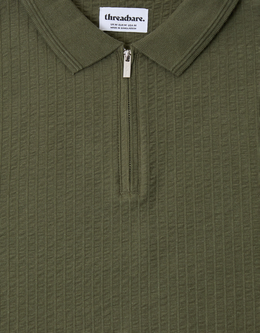 Threadbare Textured Cotton Zip Up Polo Shirt in Khaki Green - close up detail