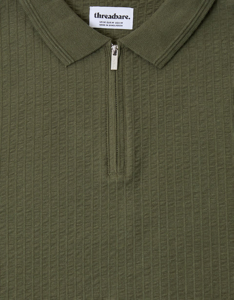 Threadbare Textured Cotton Zip Up Polo Shirt in Khaki Green - close up detail