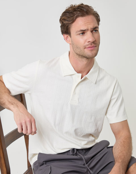 Threadbare Textured Cotton Polo Shirt in Ecru - sat down