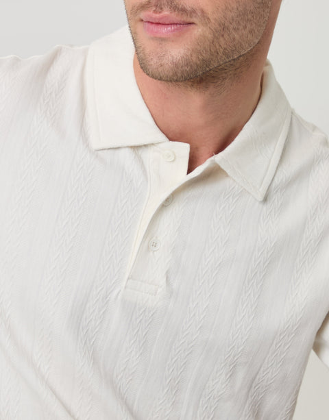 Threadbare Textured Cotton Polo Shirt in Ecru - close up