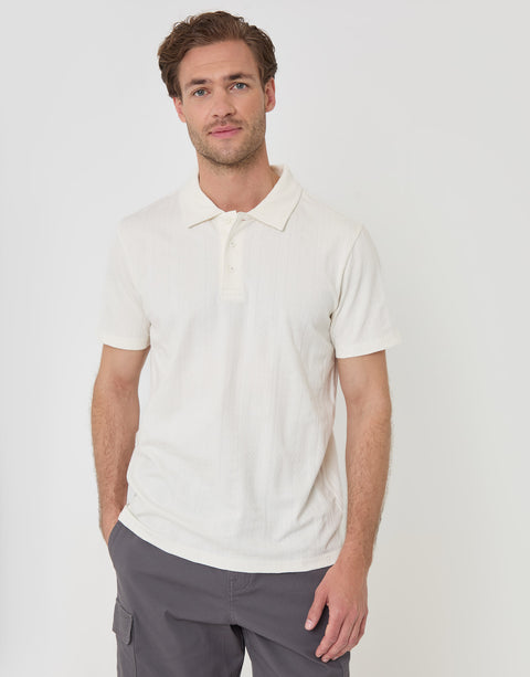 Threadbare Textured Cotton Polo Shirt in Ecru - front view