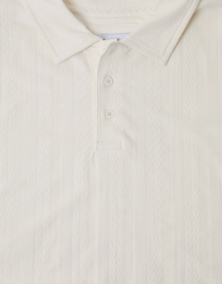 Threadbare Textured Cotton Polo Shirt in Ecru - close up