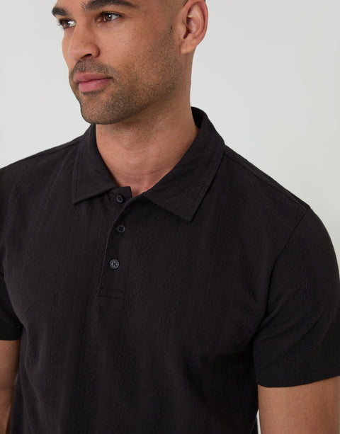 Threadbare Textured Cotton Polo Shirt in Black - close up