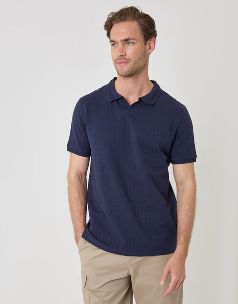 Threadbare Trophy Neck Textured Stretch Cotton Polo Shirt in Navy - front view