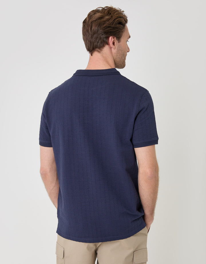 Threadbare Trophy Neck Textured Stretch Cotton Polo Shirt in Navy - back view