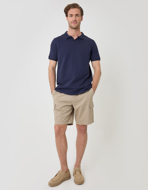 Threadbare Trophy Neck Textured Stretch Cotton Polo Shirt in Navy - full body